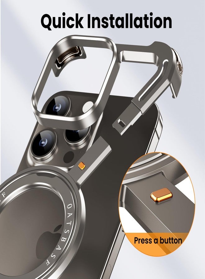 أوتس باسف جراب هاتف OATSBASF بتصميم بسيط متوافق مع iPhone 15 Pro Max مقاس 6.7 بوصة، مزود بحامل قابل للدوران 360 درجة، مصنوع من الألومنيوم المعدني، بتصميم بدون إطار، وغطاء واقٍ مقاوم للصدمات، بلون التيتانيوم الطبيعي. - Image 4